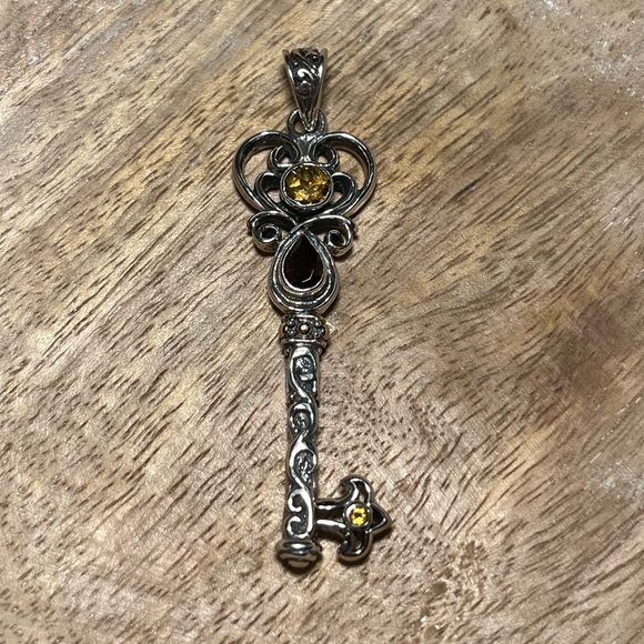 Vintage BJC Samuel Benham Garnet & Citrine Sterling Silver 18K Gold Key Pendant - Picture 2 of 16